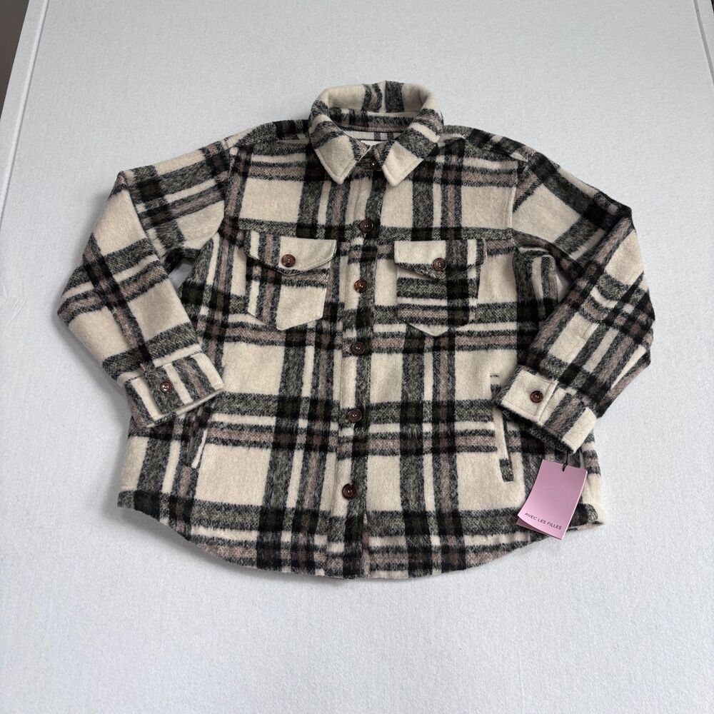 Avec Les Filles Plaid Shirt Jacket Shacket Women's 1X Cream Heavyweight Flannel